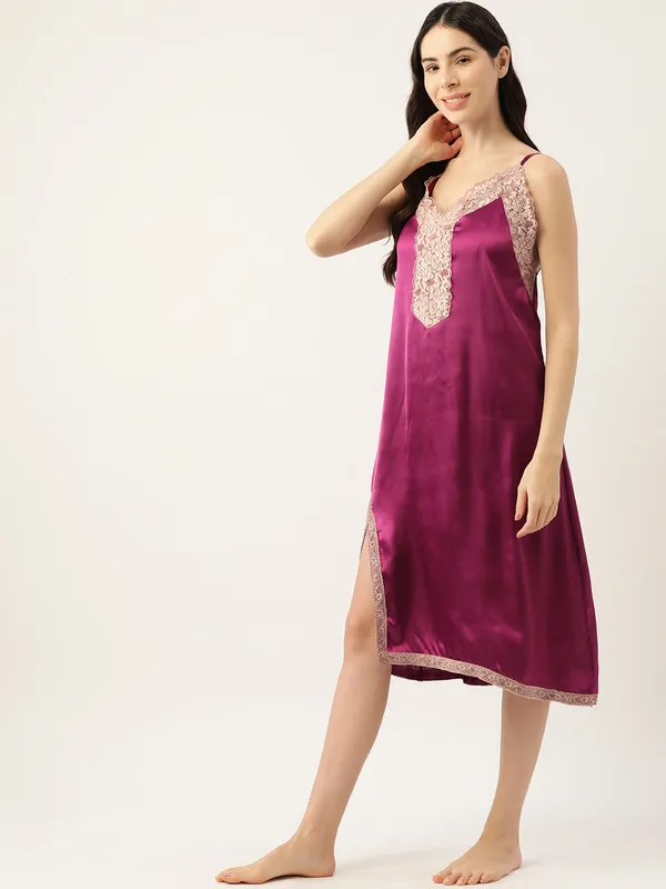 Wine_Satin_Nightwear/_Nighty_With_Lace_For_Women