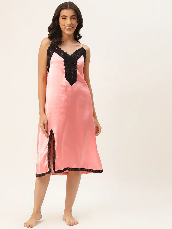 Peach_Satin_Nightwear/_Nighty_With_Lace_For_Women
