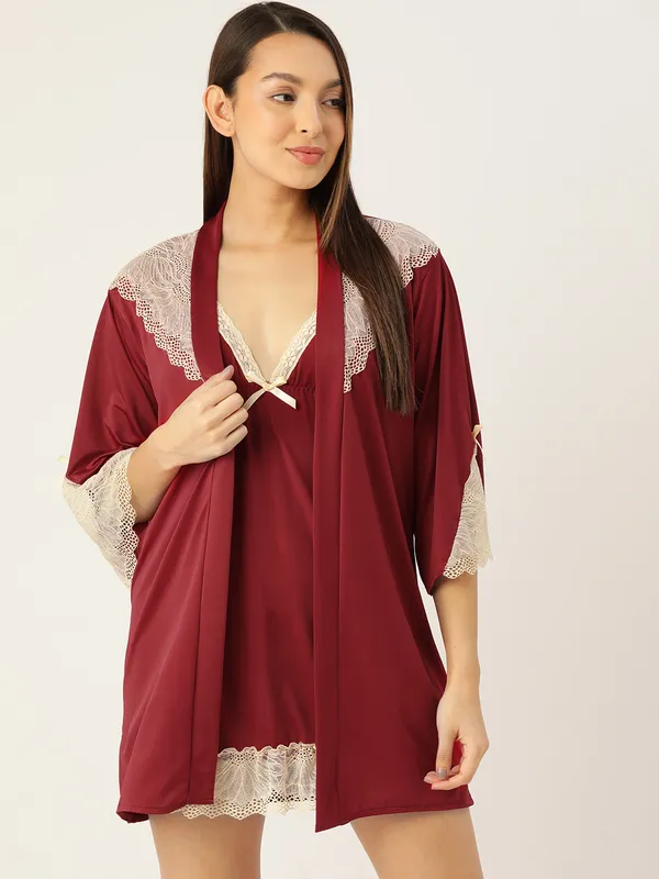 Maroon_Solid_Finish_Babydoll_Lingerie/Nighty_With_Robe_&_Matching_Thong