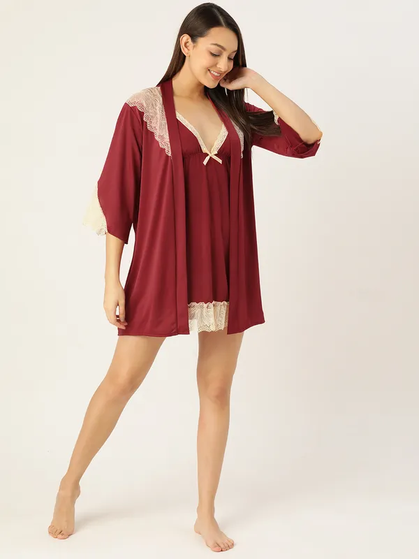 Maroon_Solid_Finish_Babydoll_Lingerie/Nighty_With_Robe_&_Matching_Thong