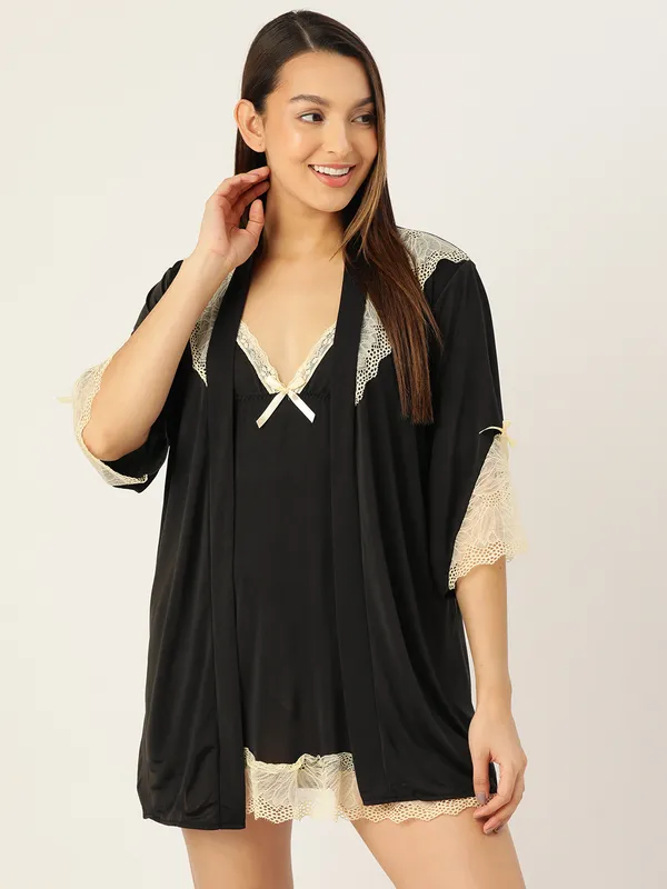 Black_Solid_Finish_Babydoll_Lingerie/Nighty_With_Robe_&_Matching_Thong