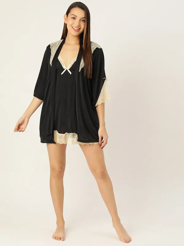 Black_Solid_Finish_Babydoll_Lingerie/Nighty_With_Robe_&_Matching_Thong