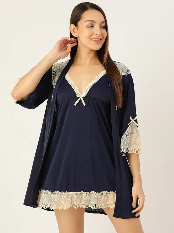 Royal_Blue_Solid_Finish_Babydoll_Lingerie/Nighty_With_Robe_&_Matching_Thong