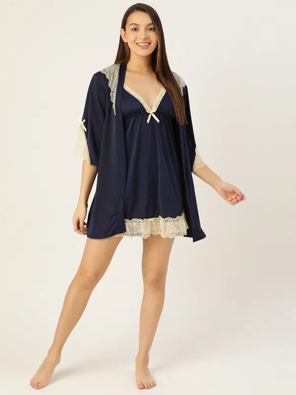 Royal_Blue_Solid_Finish_Babydoll_Lingerie/Nighty_With_Robe_&_Matching_Thong