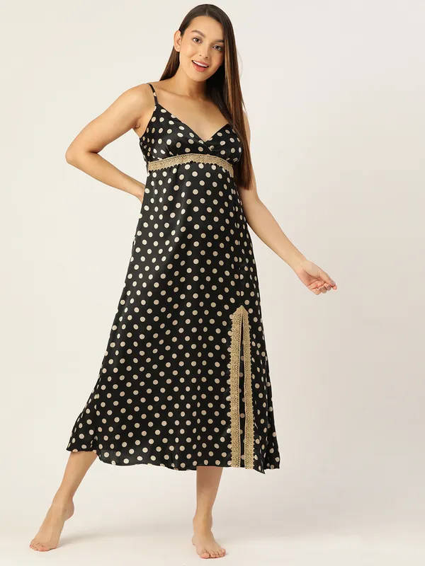 Black_Satin_Nightwear/_Nighty_With_Golden_Polka_Dots_For_Women