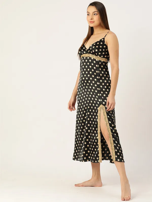 Black_Satin_Nightwear/_Nighty_With_Golden_Polka_Dots_For_Women
