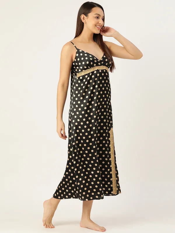 Black_Satin_Nightwear/_Nighty_With_Golden_Polka_Dots_For_Women