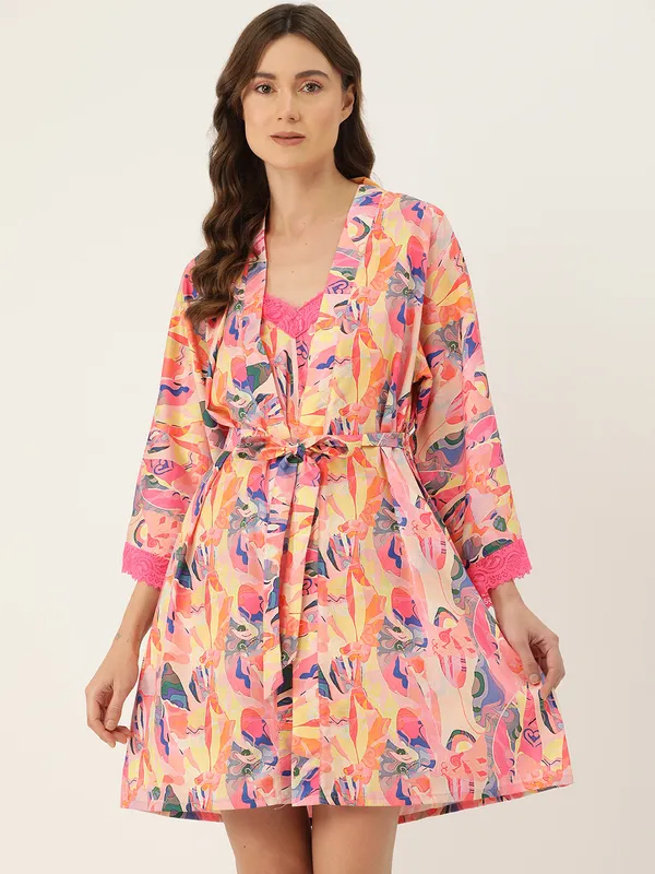 Peach_Satin_Silk_Camisole_Robe_Set/_Loungewear_Set