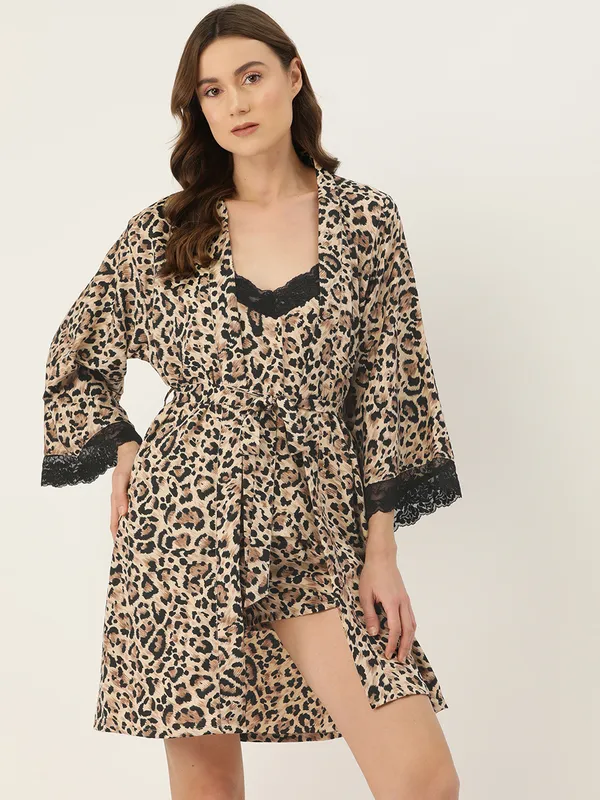 Brown_Satin_Silk_Camisole_Robe_Set/_Loungewear_Set