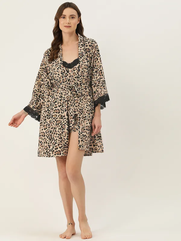 Brown_Satin_Silk_Camisole_Robe_Set/_Loungewear_Set