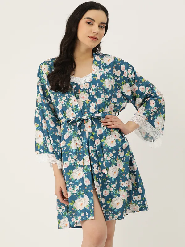 Blue_Satin_Silk_Camisole_Robe_Set/_Loungewear_Set