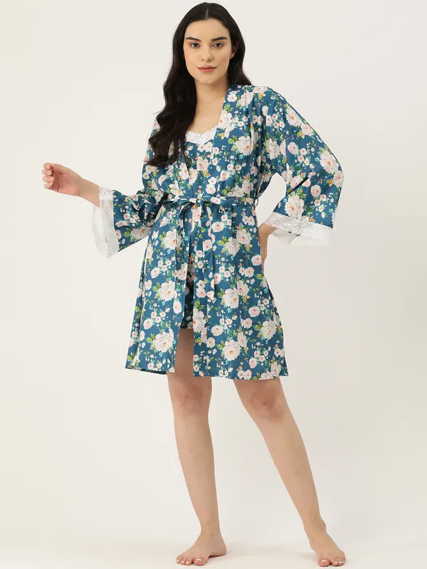 Blue_Satin_Silk_Camisole_Robe_Set/_Loungewear_Set
