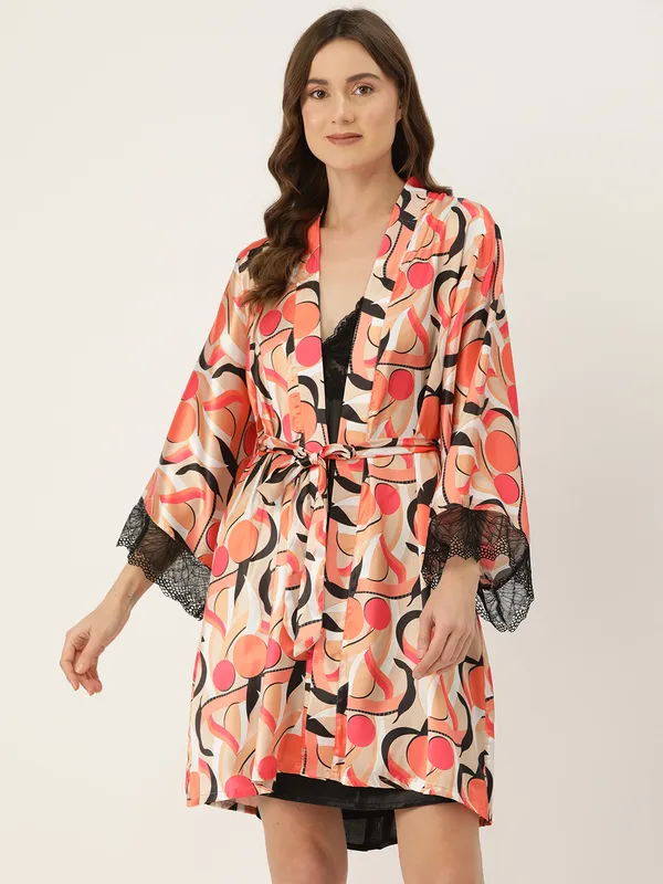 Multicolor_Printed_Satin_Nightwear/Nightsuit_And_Matching_Robe_With_Lace