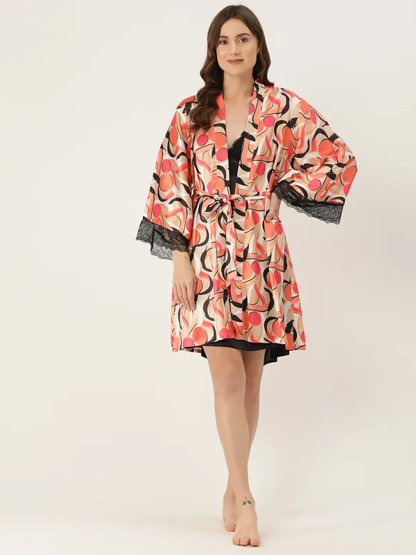 Multicolor_Printed_Satin_Nightwear/Nightsuit_And_Matching_Robe_With_Lace