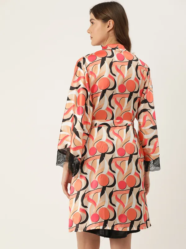 Multicolor_Printed_Satin_Nightwear/Nightsuit_And_Matching_Robe_With_Lace