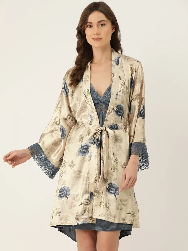 Multicolor_Printed_Satin_Nightwear/Nightsuit_And_Matching_Robe_With_Lace