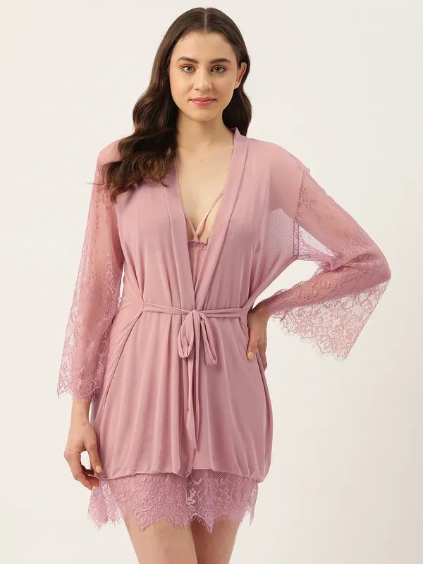 Peach_Full_Lace_Babydoll_Lingerie/Nighty_With_Robe_&_Thong