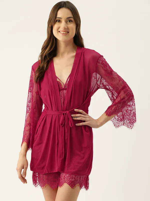 Maroon_Full_Lace_Babydoll_Lingerie/Nighty_With_Robe_&_Thong
