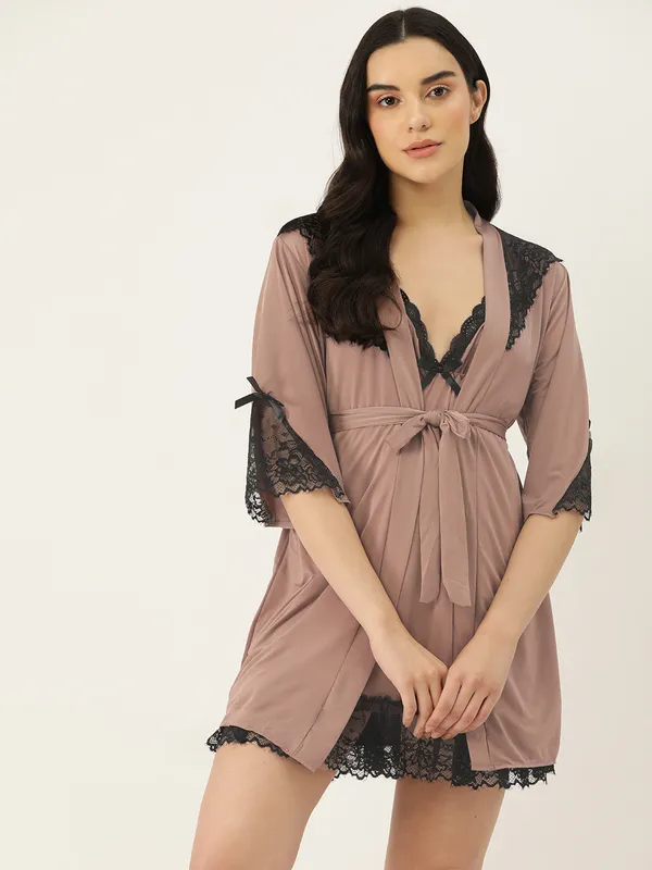 Maroon_Solid_Finish_Babydoll_Lingerie/Nighty_With_Robe_&_Matching_Thong