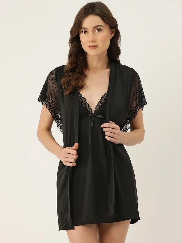 Black_Solid_Finish_Babydoll_Lingerie/Nighty_With_Robe_&_Matching_Thong