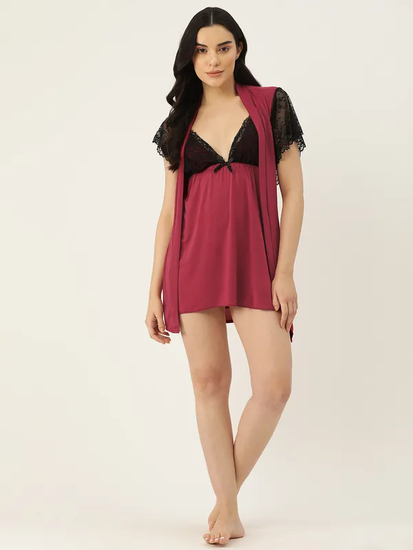 Red_Solid_Finish_Babydoll_Lingerie/Nighty_With_Robe_&_Matching_Thong