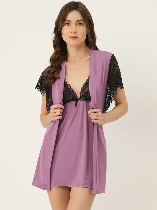 Purple_Solid_Finish_Babydoll_Lingerie/Nighty_With_Robe_&_Matching_Thong
