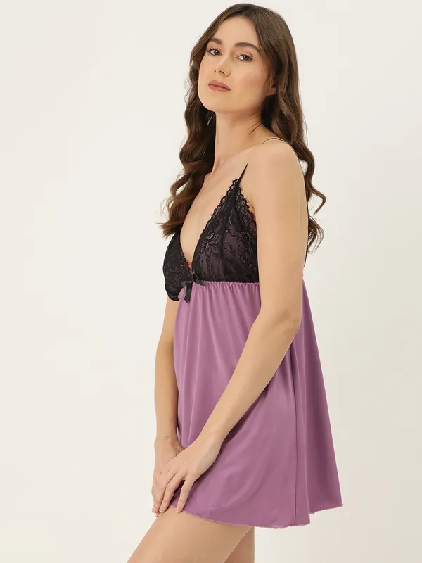 Purple_Solid_Finish_Babydoll_Lingerie/Nighty_With_Robe_&_Matching_Thong