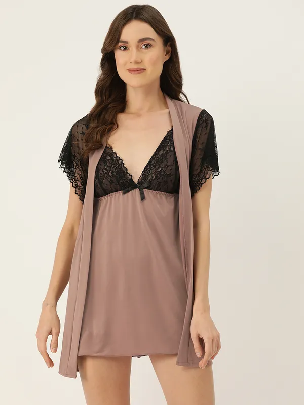 Brown_Solid_Finish_Babydoll_Lingerie/Nighty_With_Robe_&_Matching_Thong