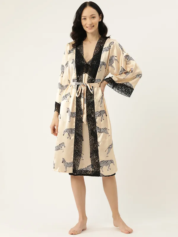 Multicolor_Printed_Satin_Nightwear/Nightsuit_And_Matching_Robe_With_Lace