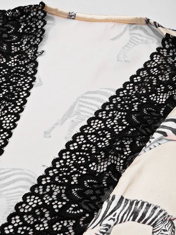 Multicolor_Printed_Satin_Nightwear/Nightsuit_And_Matching_Robe_With_Lace