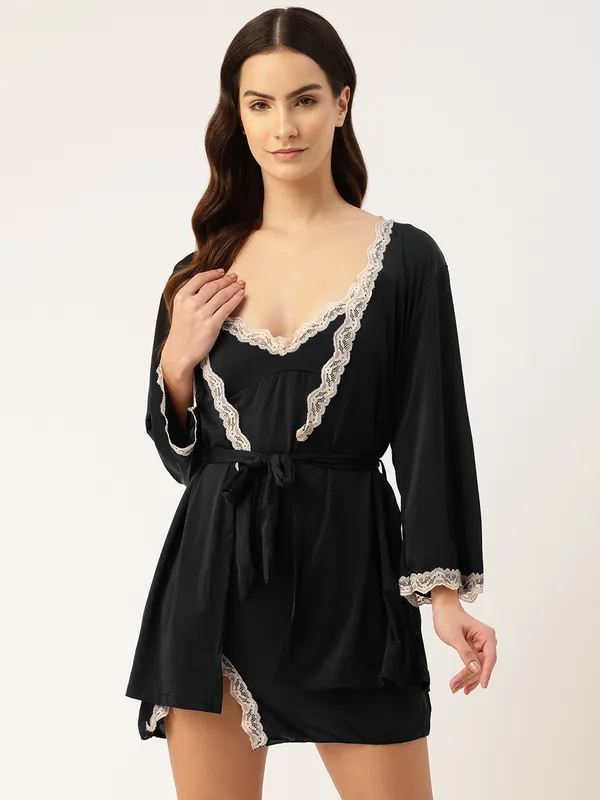 Black_Luxurious_Icy_Satin_Babydoll_Nightwear_Robe_Set