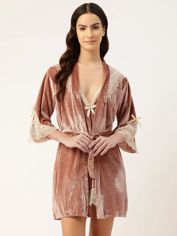 Peach_Luxurious_Velvet_Babydoll_Nightwear_Robe_Set