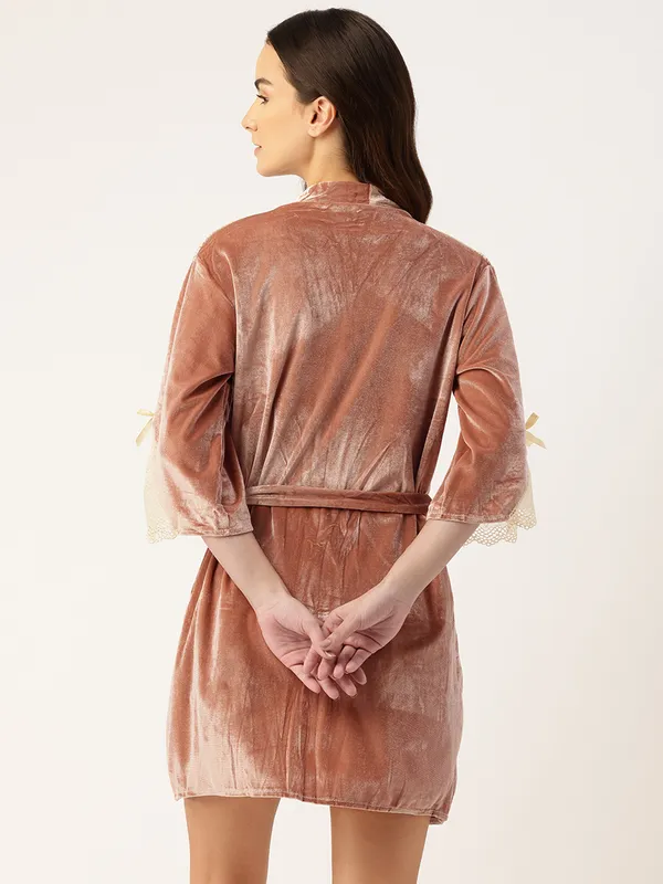 Peach_Luxurious_Velvet_Babydoll_Nightwear_Robe_Set