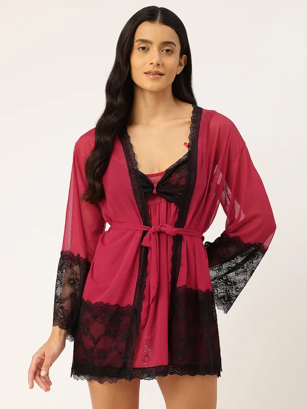 Red_Net/Lace_Babydoll_Nightwear_Robe_Set