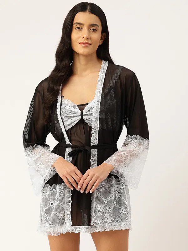 Black_Net/Lace_Babydoll_Nightwear_Robe_Set