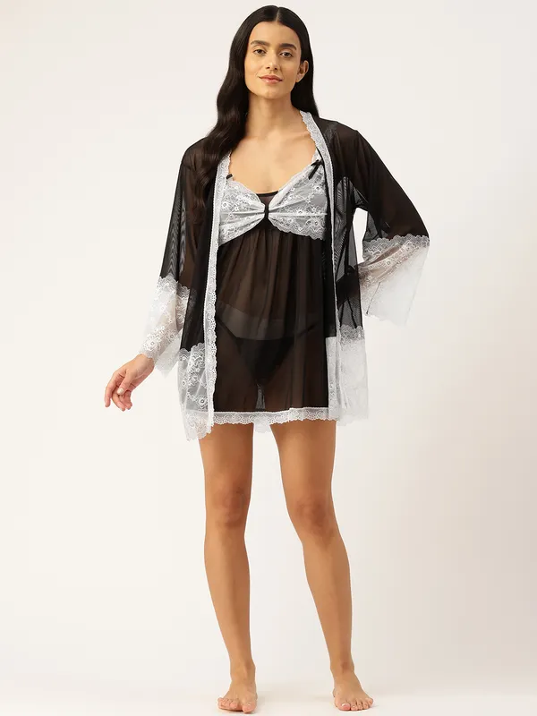 Black_Net/Lace_Babydoll_Nightwear_Robe_Set