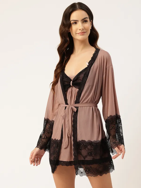 Brown_Net/Lace_Babydoll_Nightwear_Robe_Set