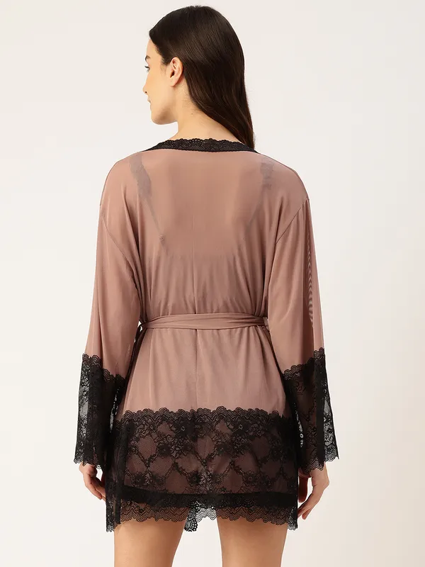 Brown_Net/Lace_Babydoll_Nightwear_Robe_Set