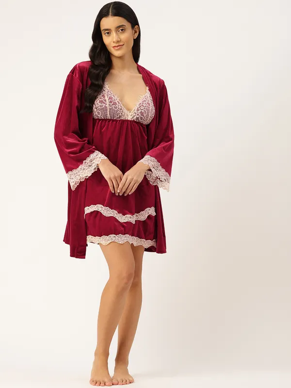 Maroon_Luxurious_Velvet_Babydoll_Nightwear_Robe_Set