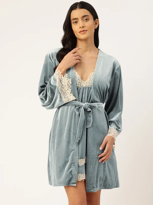 Grey_Luxurious_Velvet_Babydoll_Nightwear_Robe_Set