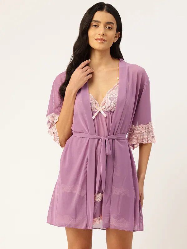 Purple_Net/Lace_Babydoll_Nightwear_Robe_Set