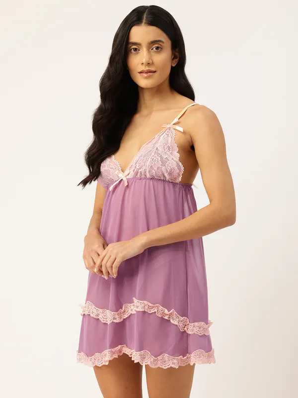 Purple_Net/Lace_Babydoll_Nightwear_Robe_Set