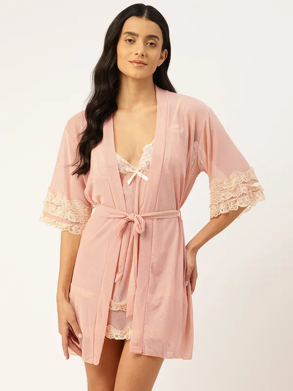 Beige_Net/Lace_Babydoll_Nightwear_Robe_Set