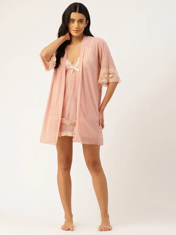 Beige_Net/Lace_Babydoll_Nightwear_Robe_Set