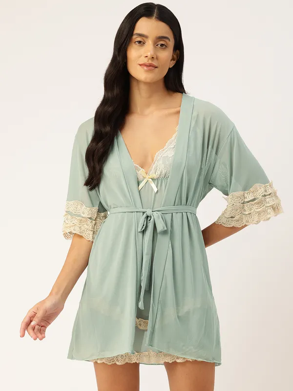 Pista_Green_Net/Lace_Babydoll_Nightwear_Robe_Set