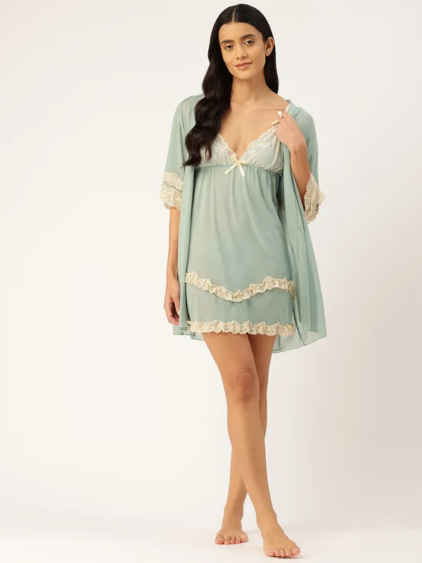 Pista_Green_Net/Lace_Babydoll_Nightwear_Robe_Set