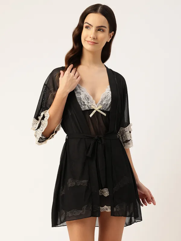 Black_Net/Lace_Babydoll_Nightwear_Robe_Set
