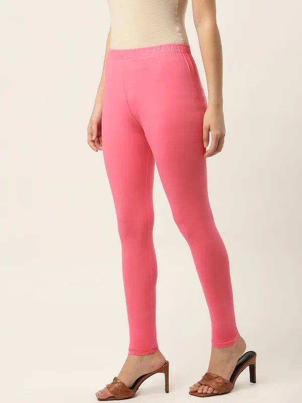 Rose_Pink_Viscose_Rayon_Elasticated_Waistband_Ankle_Length_Leggings_For_Women_&_Girls