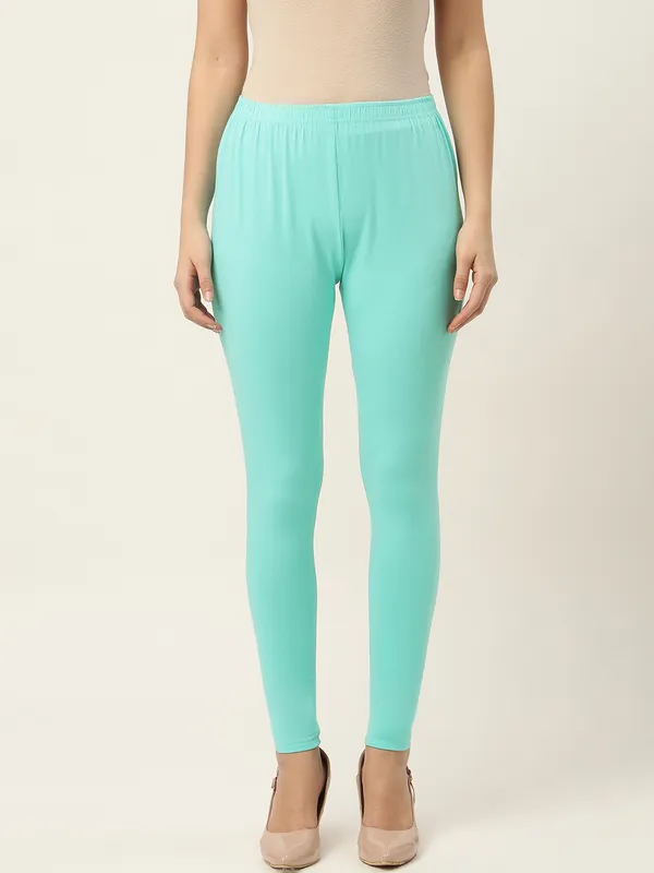 Sea_Green_Viscose_Rayon_Elasticated_Waistband_Ankle_Length_Leggings_For_Women_&_Girls
