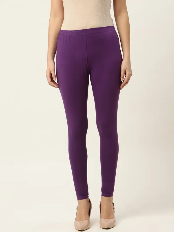 Purple_Viscose_Rayon_Elasticated_Waistband_Ankle_Length_Leggings_For_Women_&_Girls